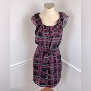 BANANA REPUBLIC Black Purple Button Front Ruffle Neck Dress | Size 4